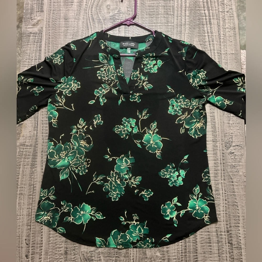 Black Label Black and Green Floral Blouse w Gold Accents
